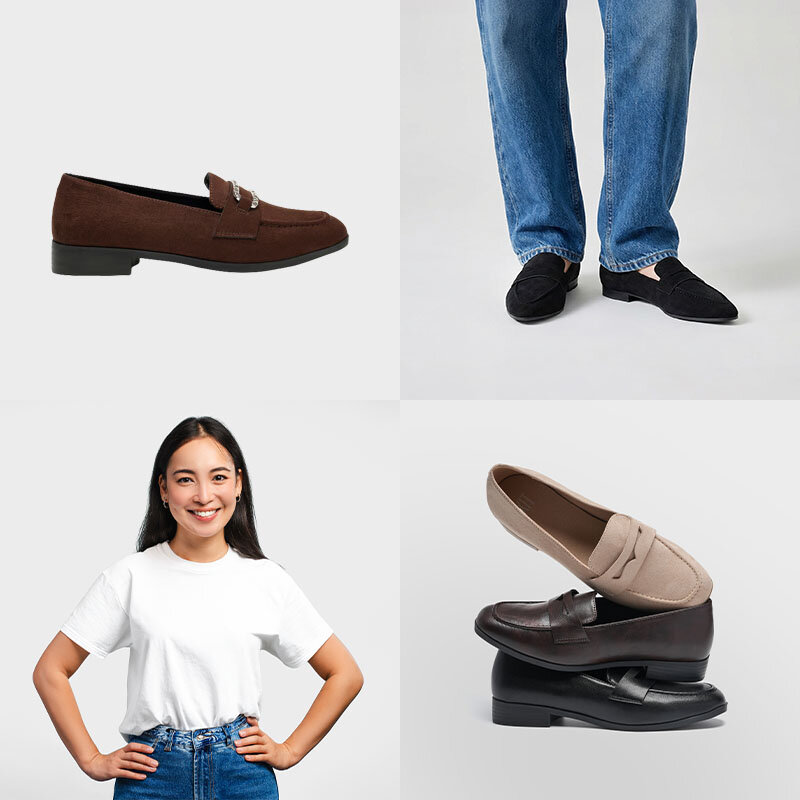 Ett collage med blandade loafers för kvinnor, en tjej med svart långt hår med vit t-shirt och jeans