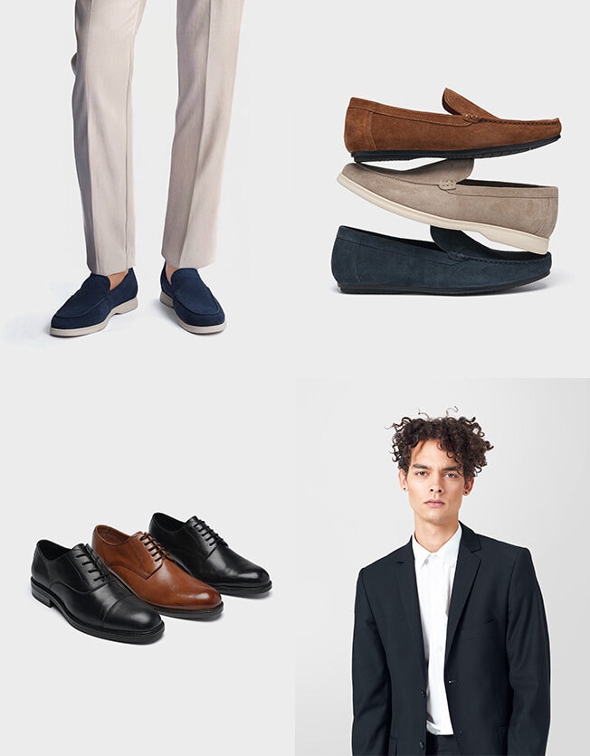 Collage med fyra bilder två bilder på herrskor till studenten en benbild med blåa loafers och en bild på en ung kille som har kavaj