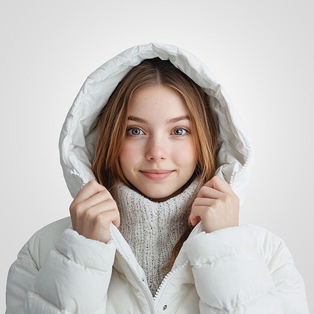 Barn i vit jacka med luvan på