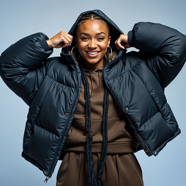 Bild på en tjej med blå jacka och bruna kläder.