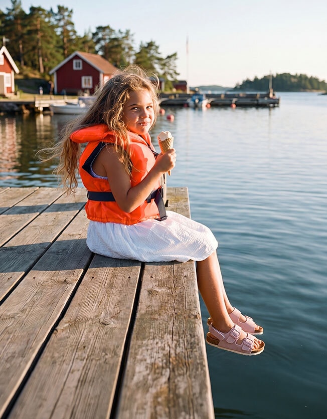 En flicka sitter på en brygga, har en flytväst på sig och äter glass