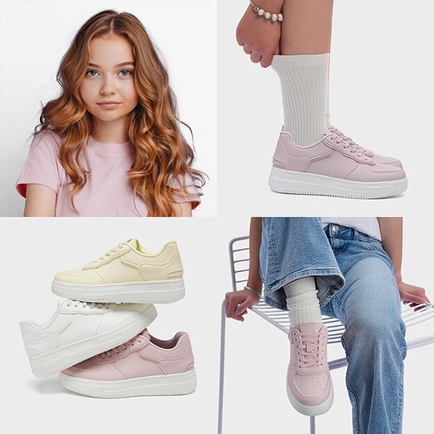 Ett bildspel med fyra bilder på sneakers i olika färger och ett barn