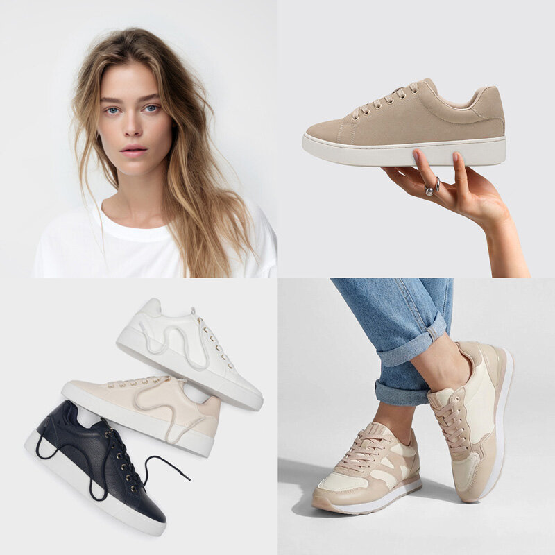 Sneakersnyheter från XIT i olika varianter och en bild på en tjej med vit tröja