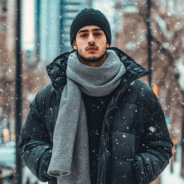 Man med vinterjacka och mössa